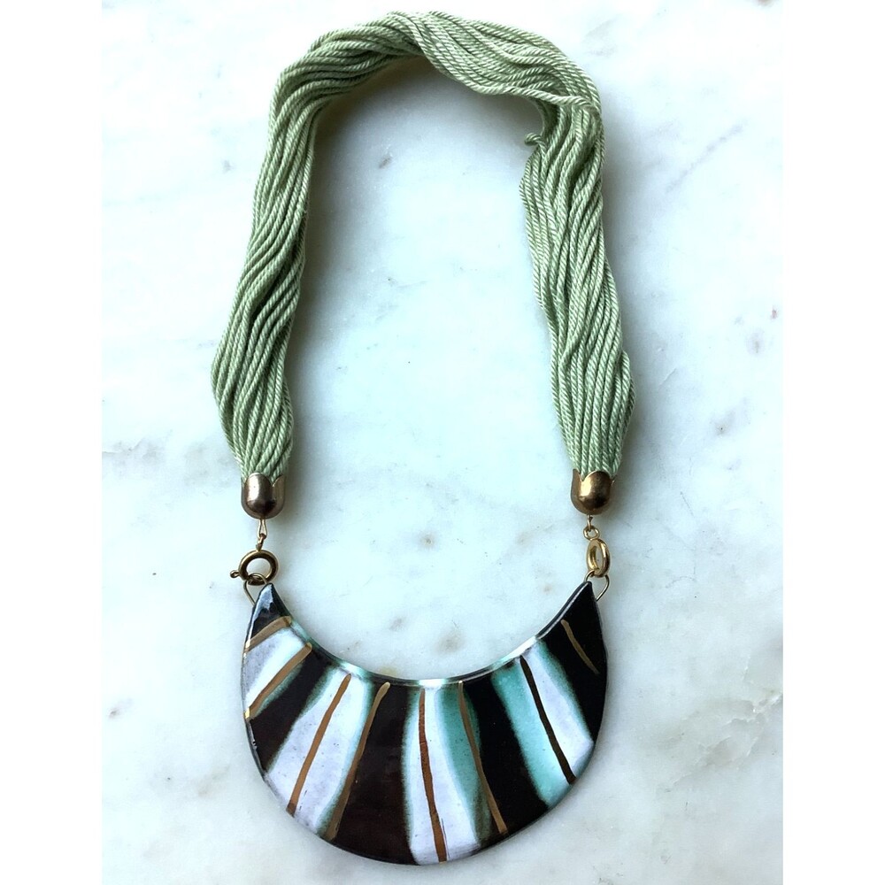 Vintage Ceramic Necklace Bib Statement Handmade in Austria Black Green Gold